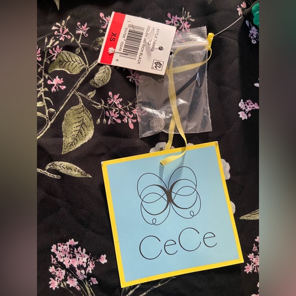 NEW CECE Women's Black Multi Floral-print Bow-neck Flounce A-Line Dress XS $98 - Picture 6 of 6